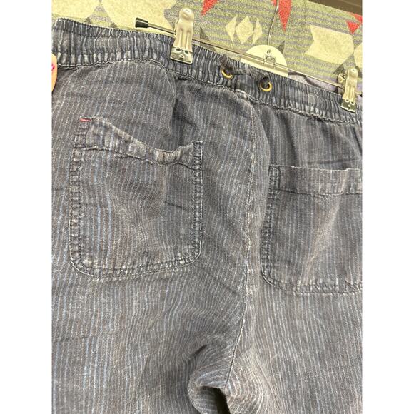 Anthropologie Medium Overdyed Navy Striped Linen Pull-On Tie Front Utility Pants - Picture 7 of 9